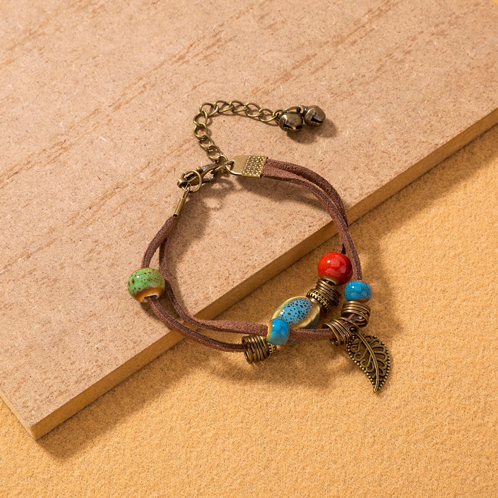 Bracelet femme bohème en cuir fait main avec perles en céramique - Lantana