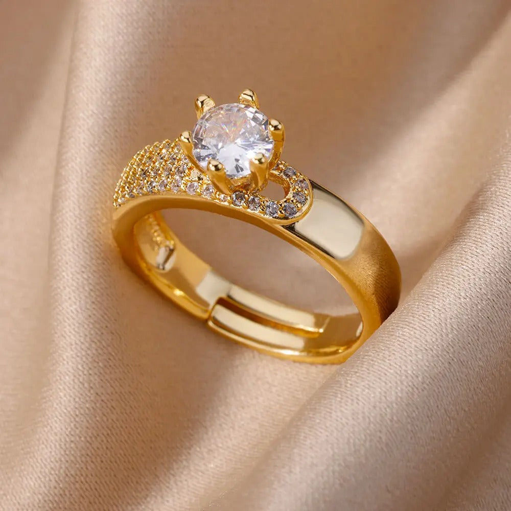 Bague Ajustable Pierre Ronde plaquée or 18K avec zircon
