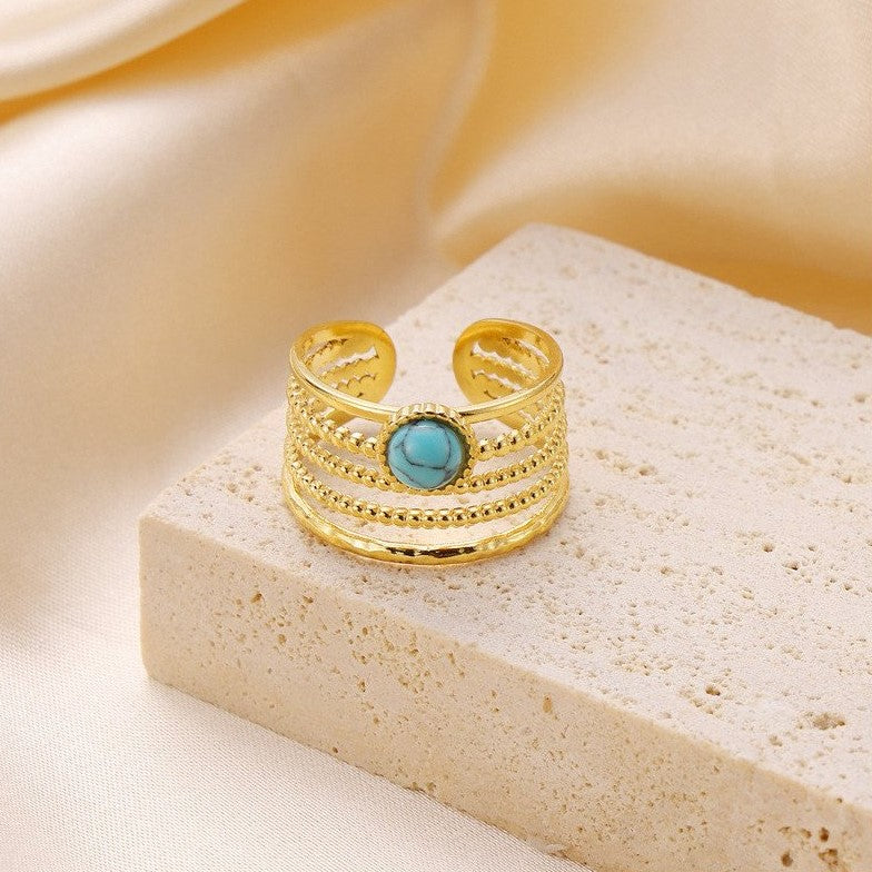 Bague Ajustable Turquoise plaquée or 18K avec zircon