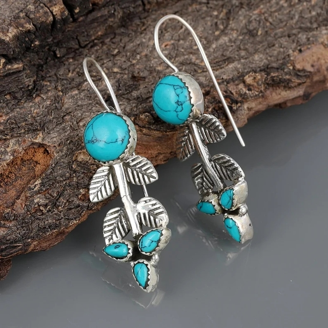Boucles d'oreilles Boho argentées avec pierre turquoise