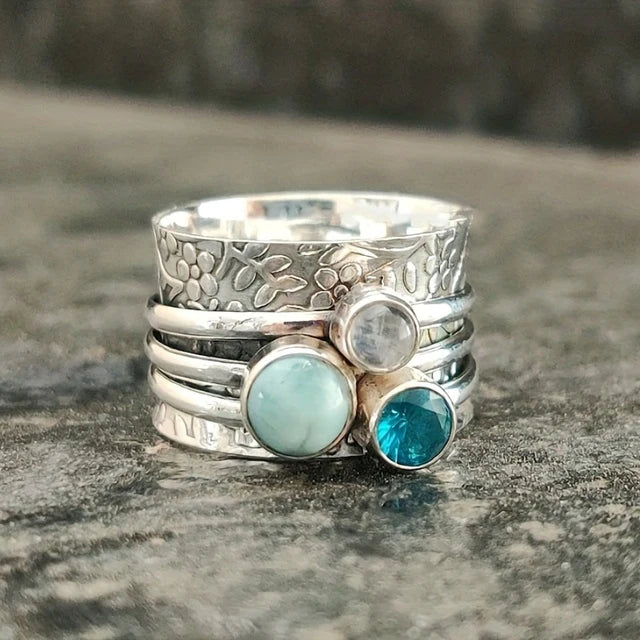 Bague en argent vintage avec pierres bleues naturelles