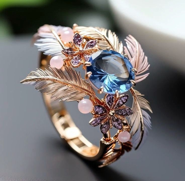 Bague Exotic Rose Feather Blue Crystal