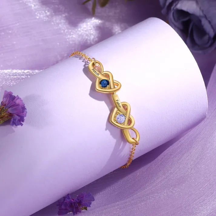 Bracelet 2 Prénoms Personnalisés avec 2 Pierres de Naissance Bracelet Personalisable pour Femme