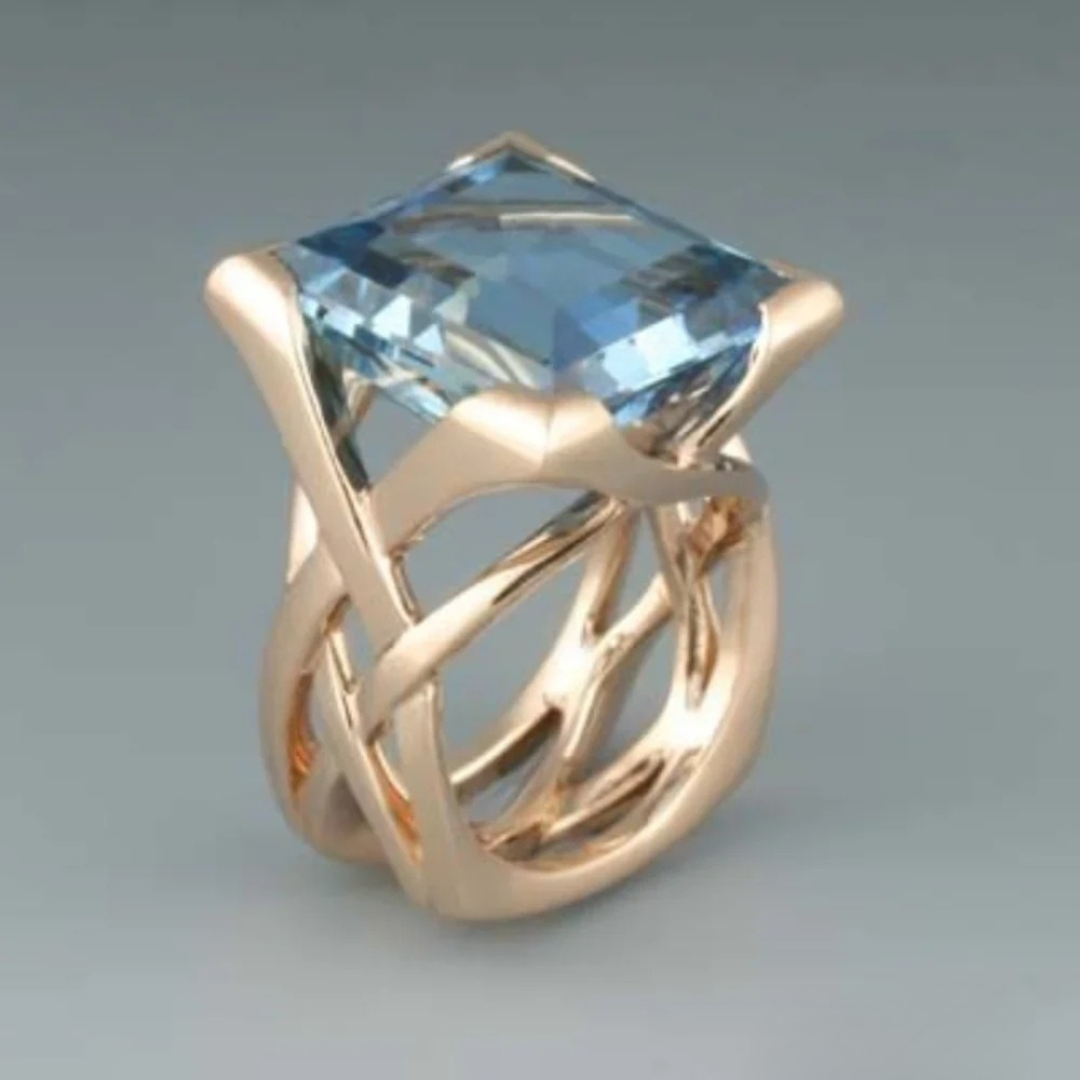 Bague Vintage Finition Or Rose Bleu Zirconia
