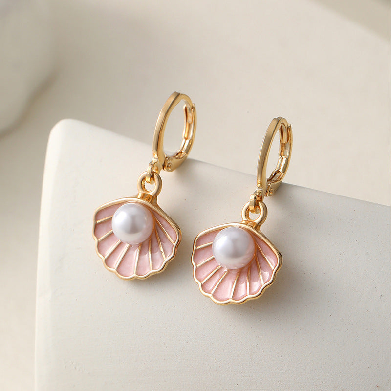Boucles d'oreilles femmes en perles plaquées or avec coquille rose - Elise