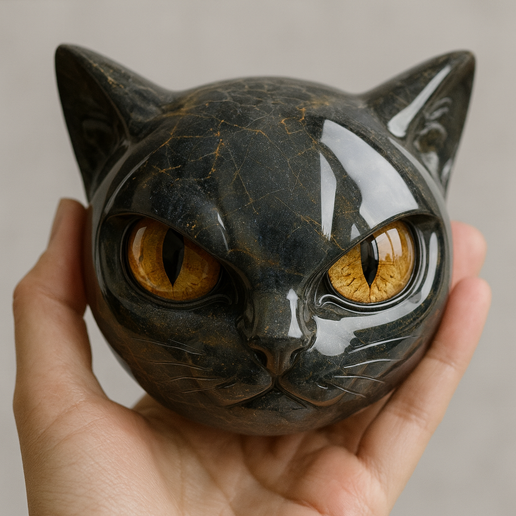 YANI - Sculpture de Tête de Chat Noir Mystique