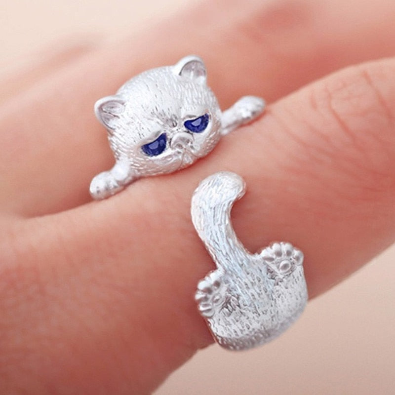 Bague pour chat en argent 925 fait main avec zircon cubique bleu