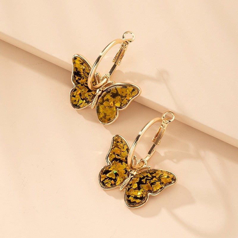 Boucles d’oreilles Papillon Peintes à la Main en Finition Dorée avec Émail et Cristal