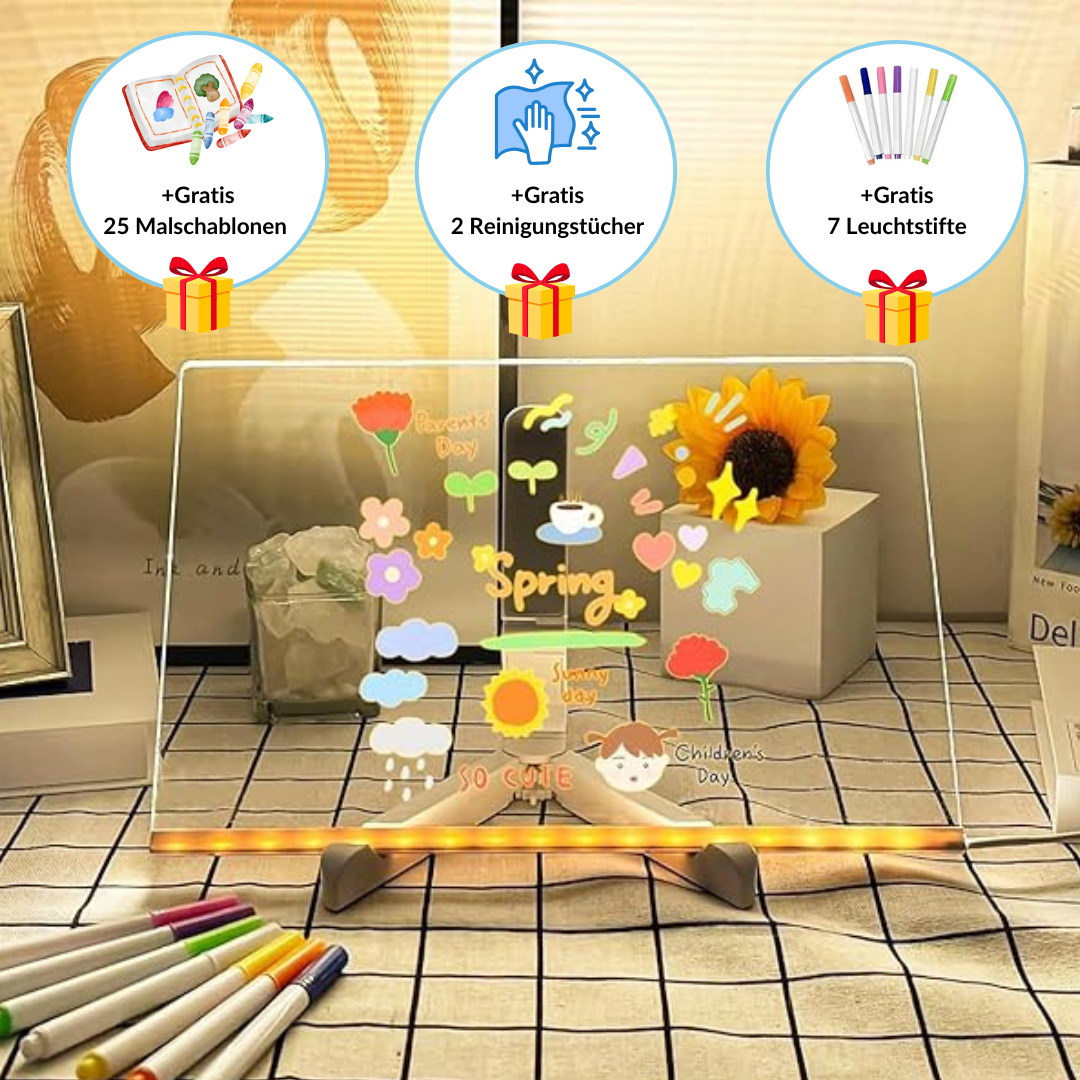 Tableau lumineux LED (incluant 7 stylos lumineux et 25 pochoirs)