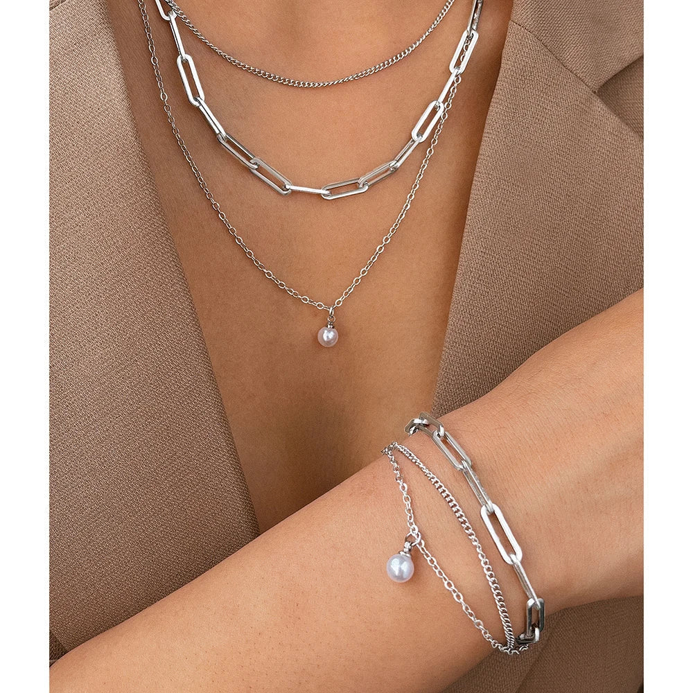 Collier & Bracelet en Argent à Trois Couches avec Perle Set