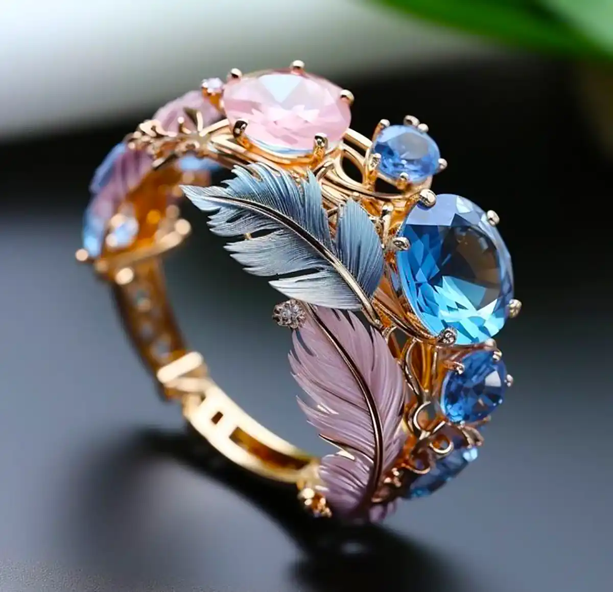 Bague vintage en cristal à plumes exotiques